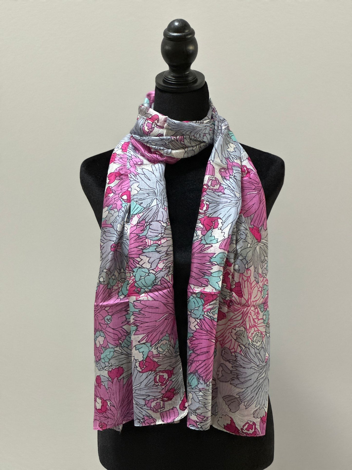 Floral pink & Grey silk scarf
