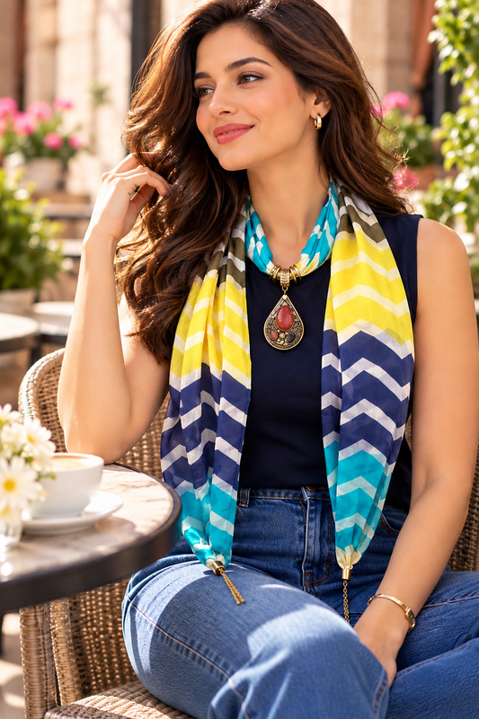 Blue & Yellow Stripes Scarf with Semi Precious Stone Pendant