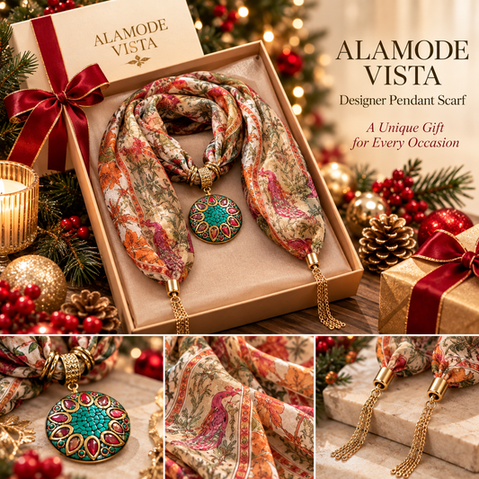 Beige Multicolor Silk Scarf with Semi Precious Stone Pendant