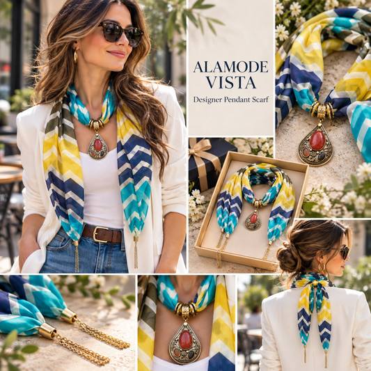 Blue & Yellow Stripes Scarf with Semi Precious Stone Pendant