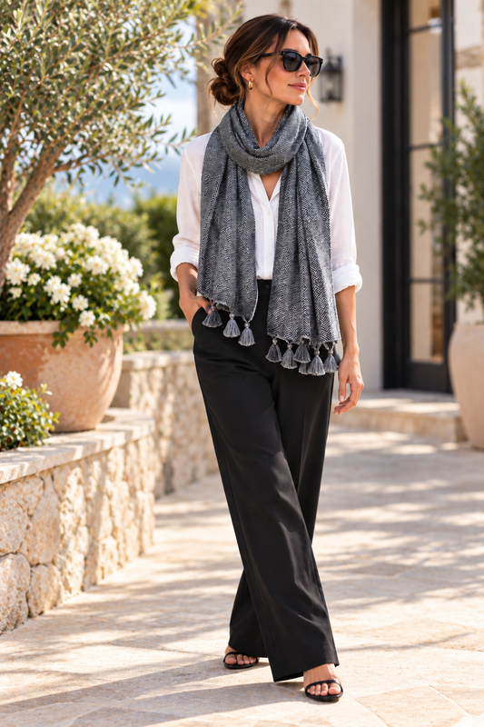 Self Printed Black Scarf with Tassels