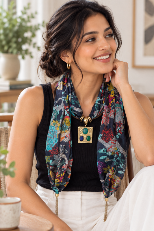 Floral Stole with Semi Precious Stones Pendant