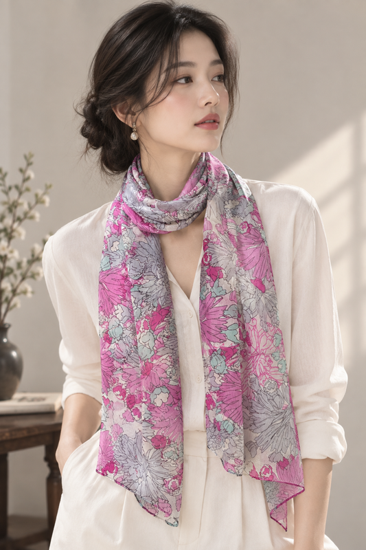 Floral Pink & Grey Silk Scarf