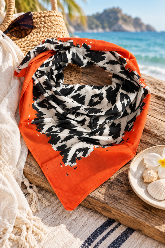 Ikat Print with Orange Border Square Scarf