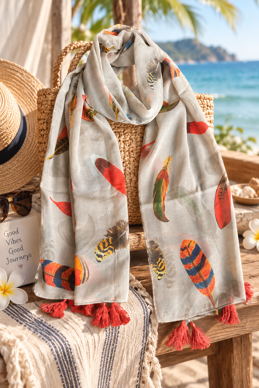 Beige with Orange Feathers Scarf with Tassels