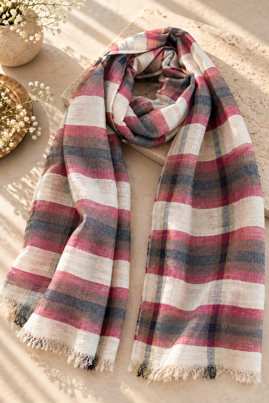 Red & Cream Cotton Linen Scarf