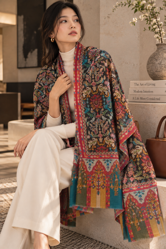 Kalamkari Design Pashmina Wool Shawl - Dark Grey