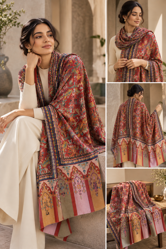 Kalamkari Design Handwoven Pashmina Wool Shawl - Maroon