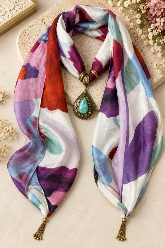 Watercolor Garden — Silk Blend Semi-Precious Stone Pendant Scarf