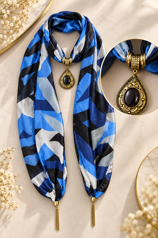 Cobalt Mosaic — Silk Blend Teardrop Pendant Scarf