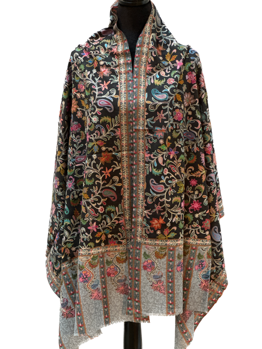 Kalamkari Design Pashmina Wool Shawl - Black