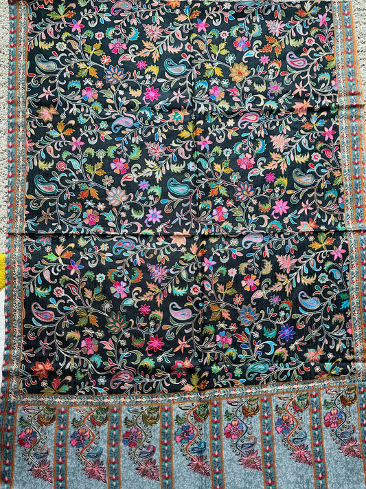 Kalamkari Design Pashmina Wool Shawl - Black