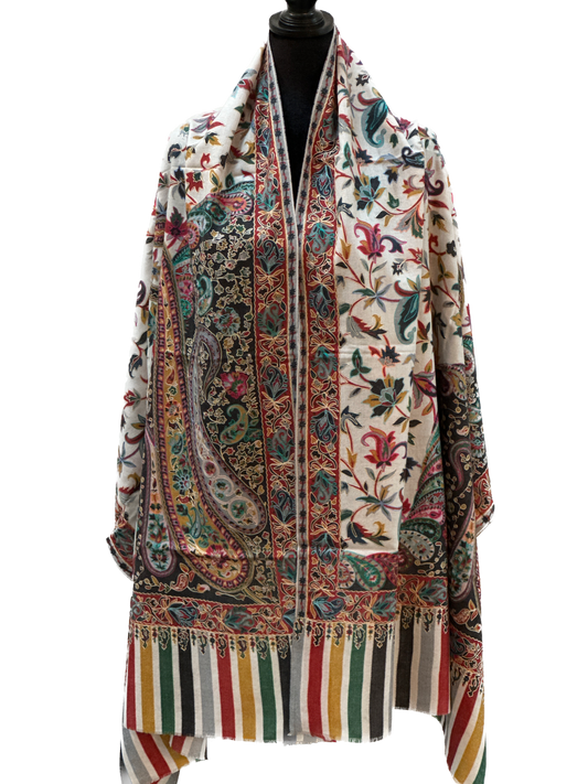 Kalamkari Design Pashmina Wool Shawl - Cream