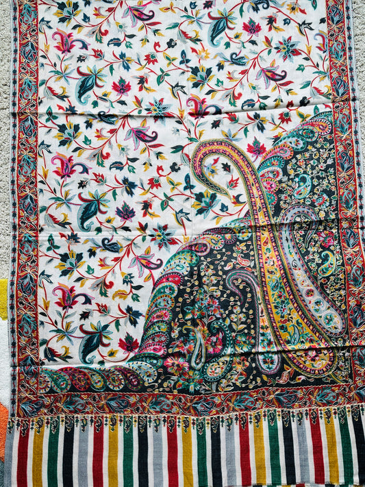 Kalamkari Design Pashmina Wool Shawl - Cream