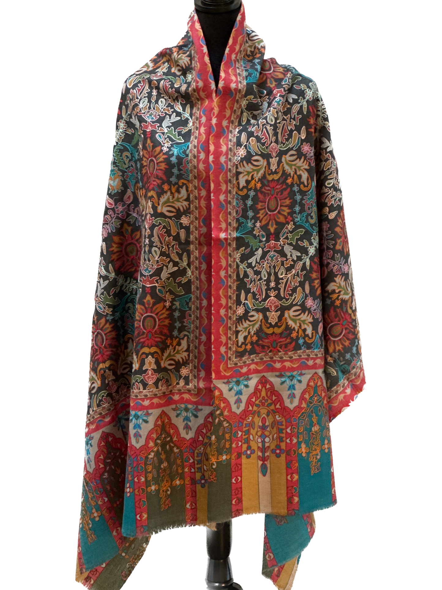 Kalamkari Design Pashmina Wool Shawl - Dark Grey