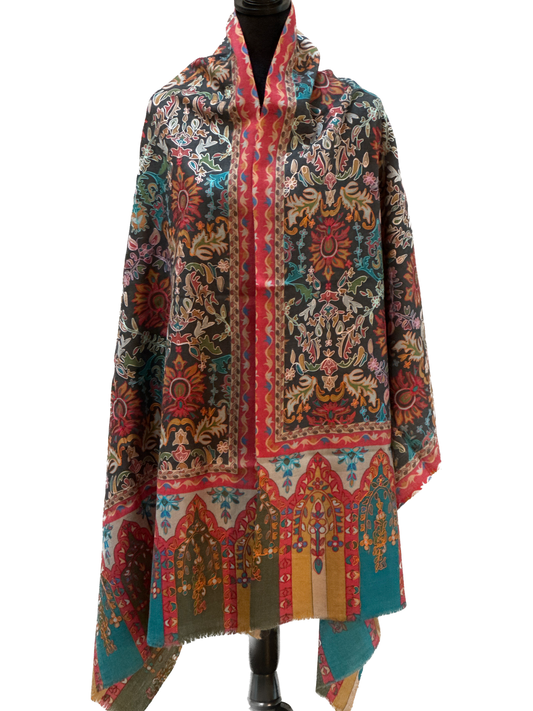 Kalamkari Design Pashmina Wool Shawl - Dark Grey