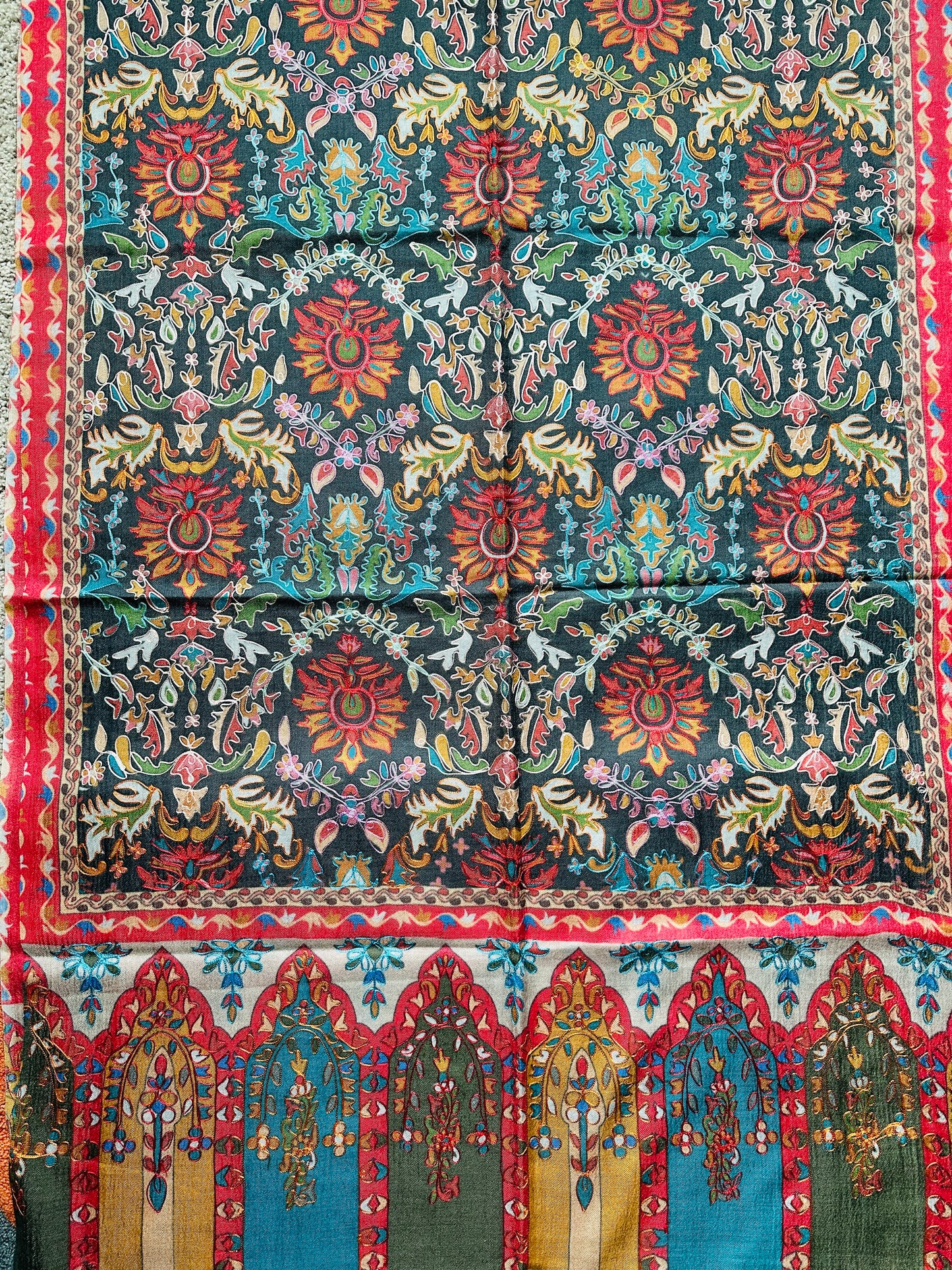 Kalamkari Design Pashmina Wool Shawl - Dark Grey