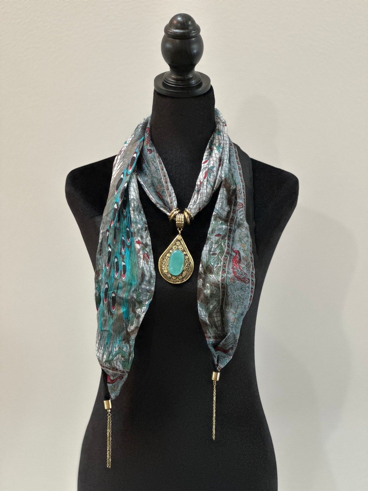 Blue Peacock design silk stole with semi precious stone pendant