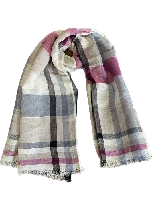 Pink & Grey Checks Cotton Linen Scarf