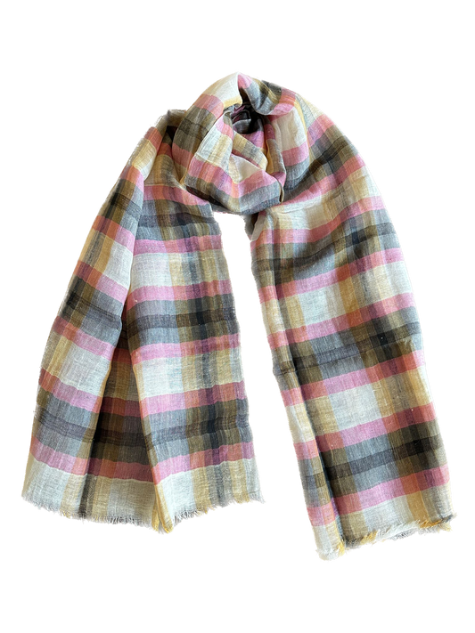 Grey & Pink Check Cotton Linen Scarf