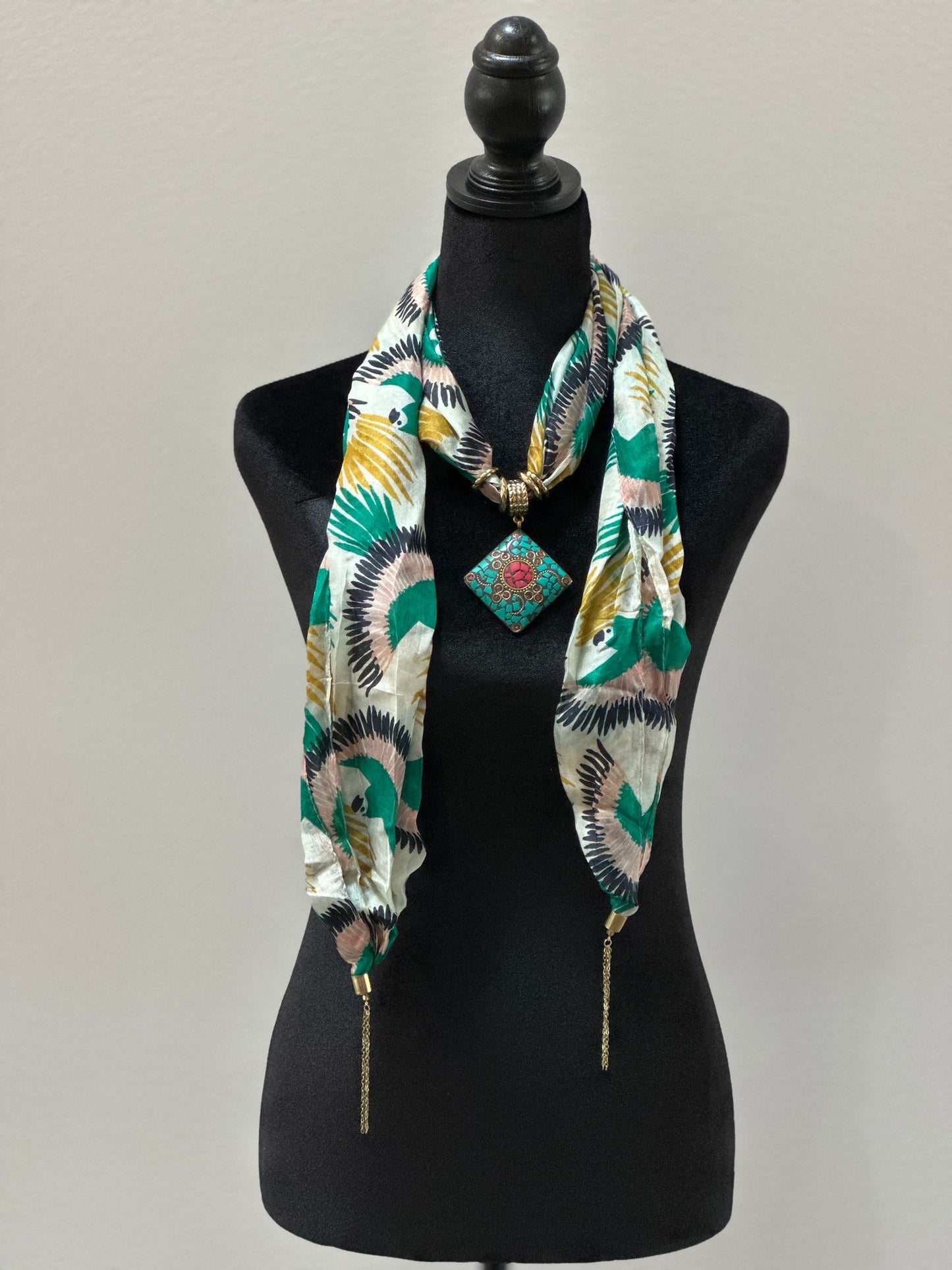 Green silk stole with semi precious stone pendant