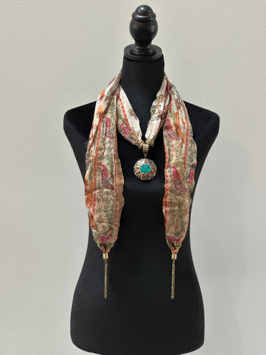 Beige multicolor silk stole with semi precious stone pendant