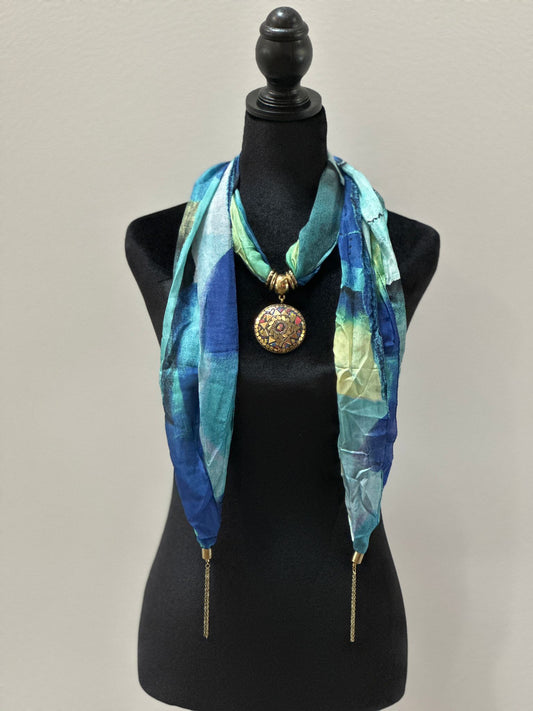 Blue silk stole with semi precious stone pendant