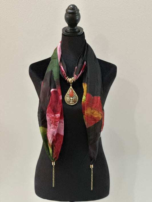 Abstract print stole with semi precious stones pendant