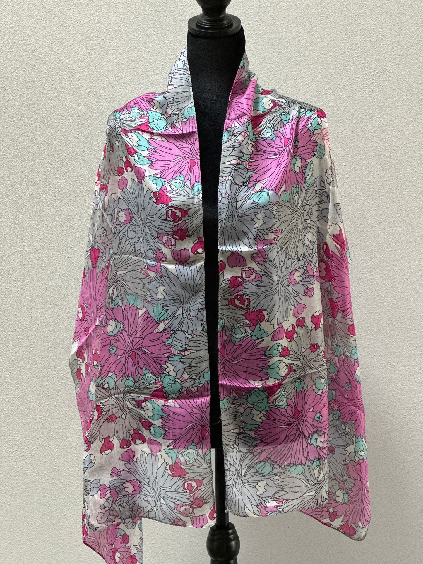 Floral pink & Grey silk scarf