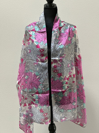 Floral Pink & Grey Silk Scarf