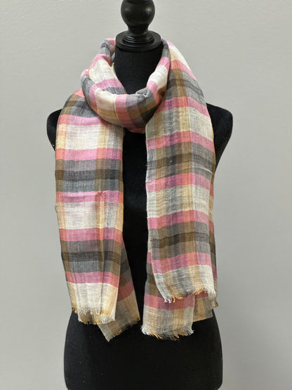 Grey & Pink Check Cotton Linen Scarf
