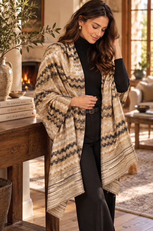 Zari Pashmina Reversible Shawl - Beige Modern