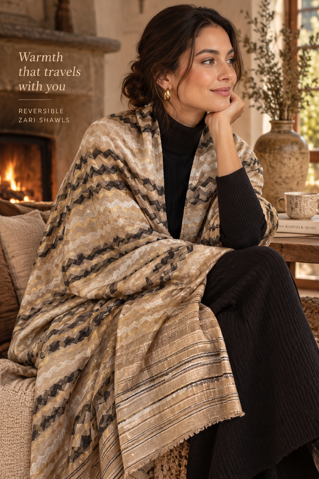 Zari Pashmina Reversible Shawl - Beige Modern