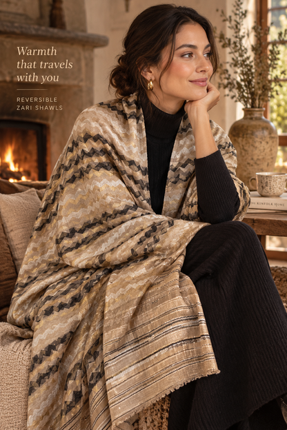 Zari Pashmina Reversible Shawl - Beige Modern