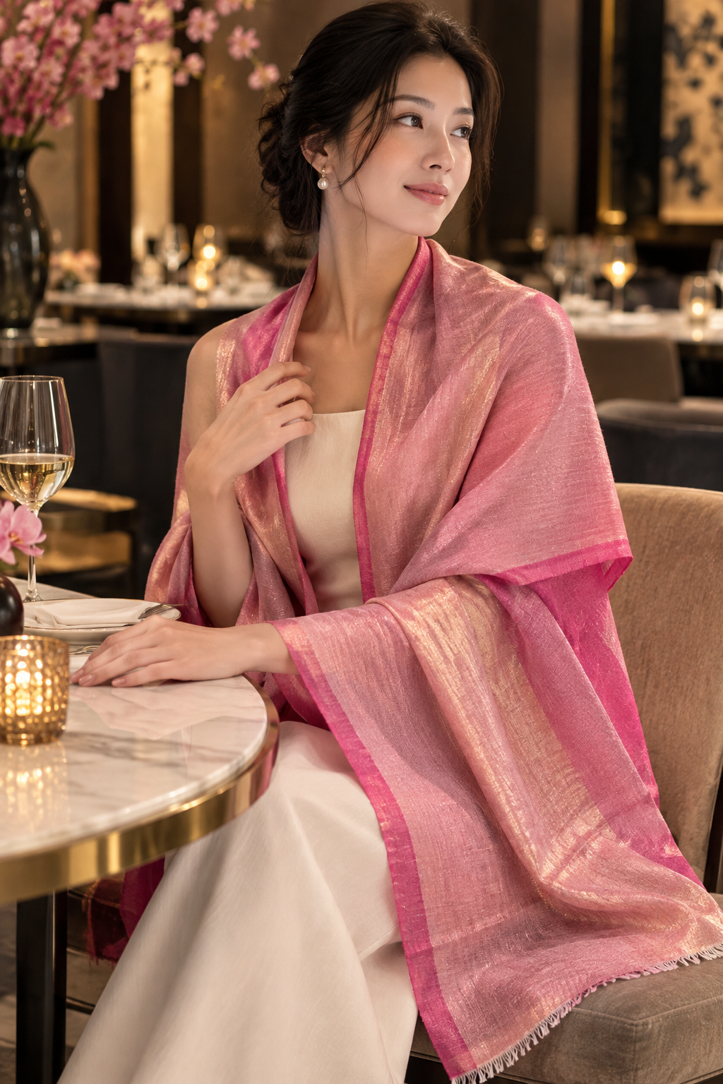 Zari Pashmina Plain Reversible Shawl - Pink