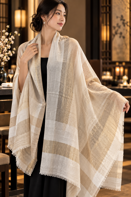Zari Pashmina Reversible Shawls - Creme