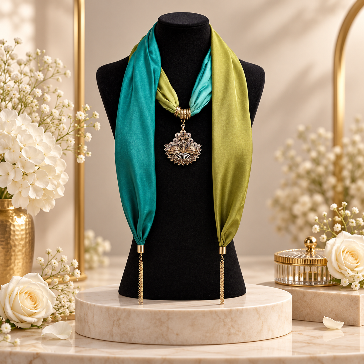Green Silk Scarf with German Silver Pendant