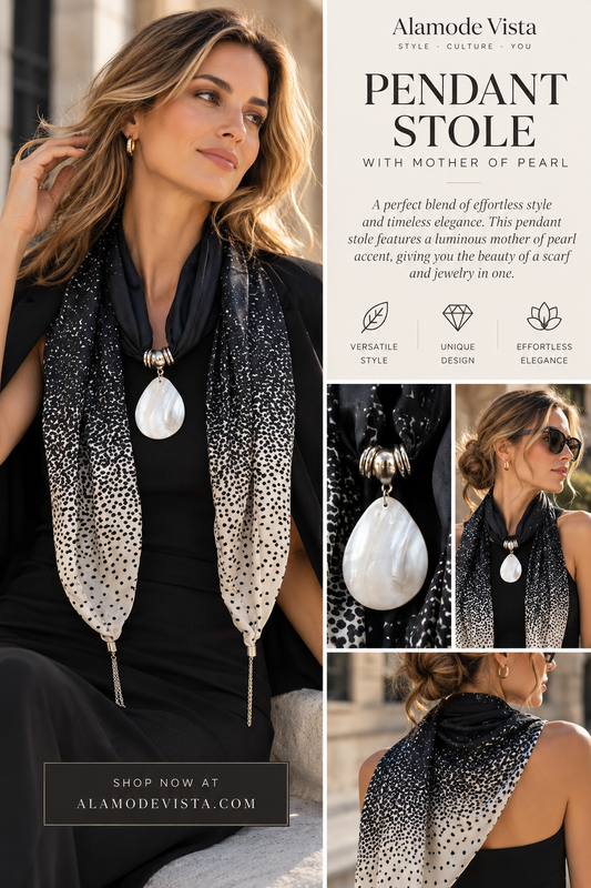 Black & White Silk Stole with Mother of Pearl Pendant