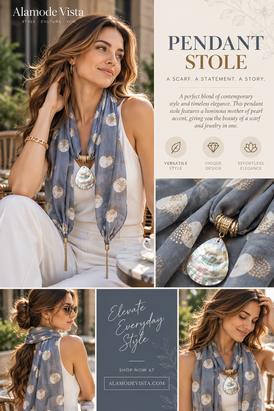 Grey Silk Scarf with Mother of Pearl Pendant