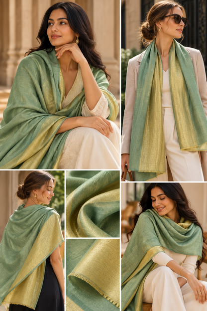 Zari Pashmina Plain Reversible Shawl - Green