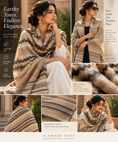 Zari Pashmina Reversible Shawl - Beige Modern