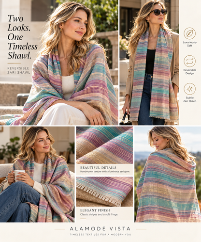 Zari Pashmina Striped Reversible Shawl - Multicolor