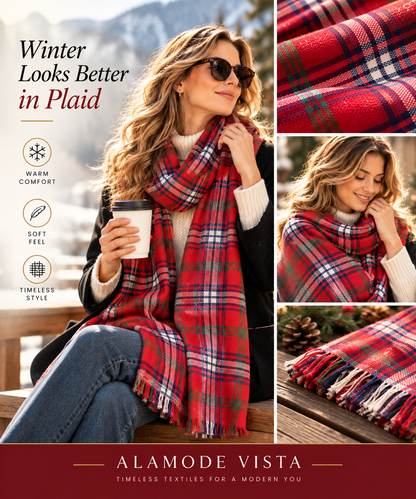 Red Checks Pure Wool Scarf