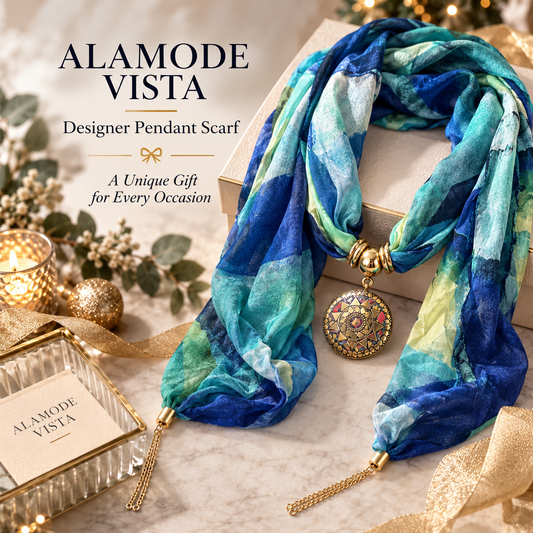 Blue Silk Scarf with Semi Precious Stone Pendant