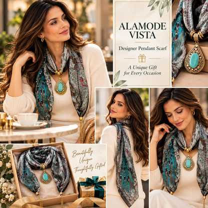 Blue Peacock Design Silk Scarf with Semi Precious Stone Pendant