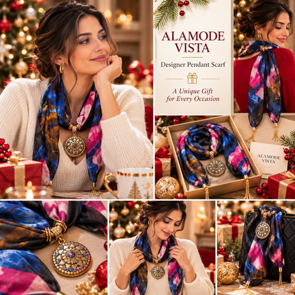 Blue & Pink Silk Scarf with Semi Precious Stone Pendant