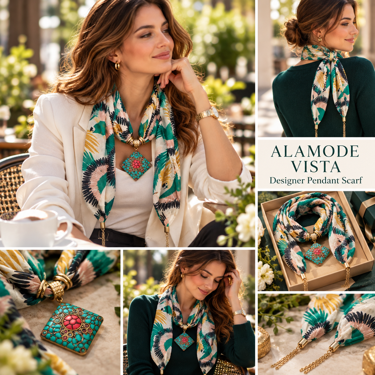 Green Silk Scarf with Semi Precious Stone Pendant