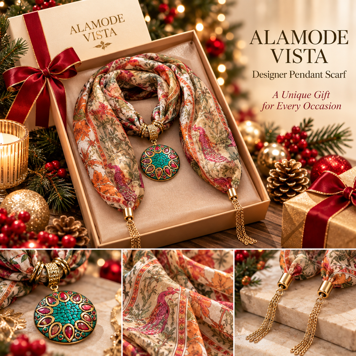 Beige Multicolor Silk Scarf with Semi Precious Stone Pendant