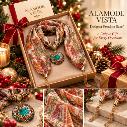 Beige Multicolor Silk Scarf with Semi Precious Stone Pendant