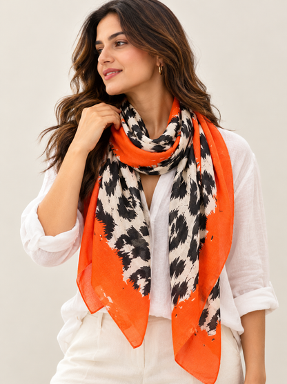 Ikat Print with Orange Border Square Scarf